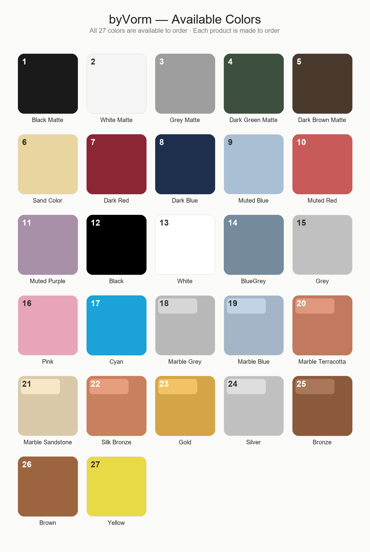 Color overview - all available colors